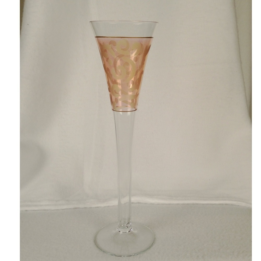 Elegant Pink Swirl Etched‎ Champagne Flute Glass Tall Stemware